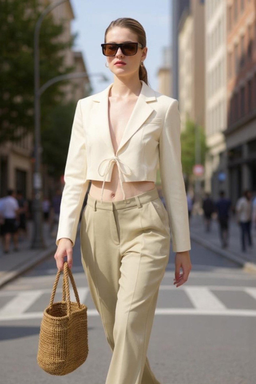 Kadın Ceket-Natural Keten Görünümlü %100 Pamuk Bağlama Detaylı Crop Blazer Ceket 7070-rulem