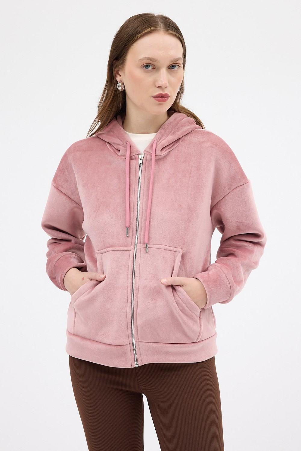 Kadın Ceket-Pembe Kadın Fermuarlı Kapüşonlu Sweatshirt 3059A-rulem