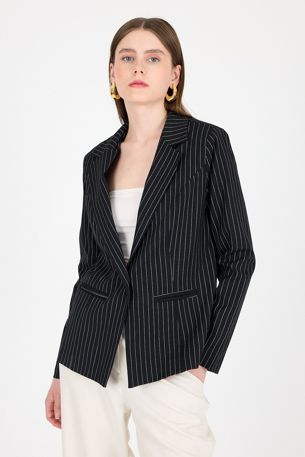 Kadın Ceket-Siyah Çizgili Tek Düğmeli Blazer Ceket 4594A-rulem