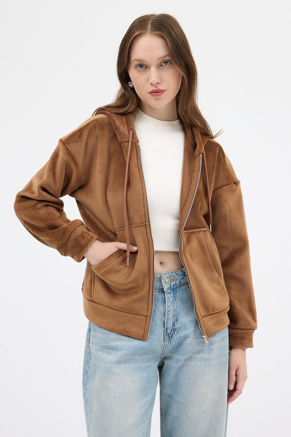 Kadın Ceket-Taba Kadın Fermuarlı Kapüşonlu Sweatshirt 3059A-rulem