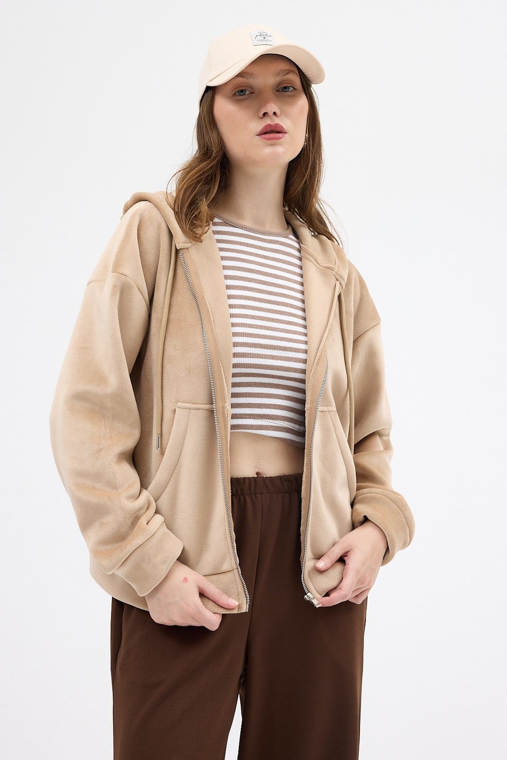 Kadın Ceket-Vizon Kadın Fermuarlı Kapüşonlu Sweatshirt 3059A-rulem