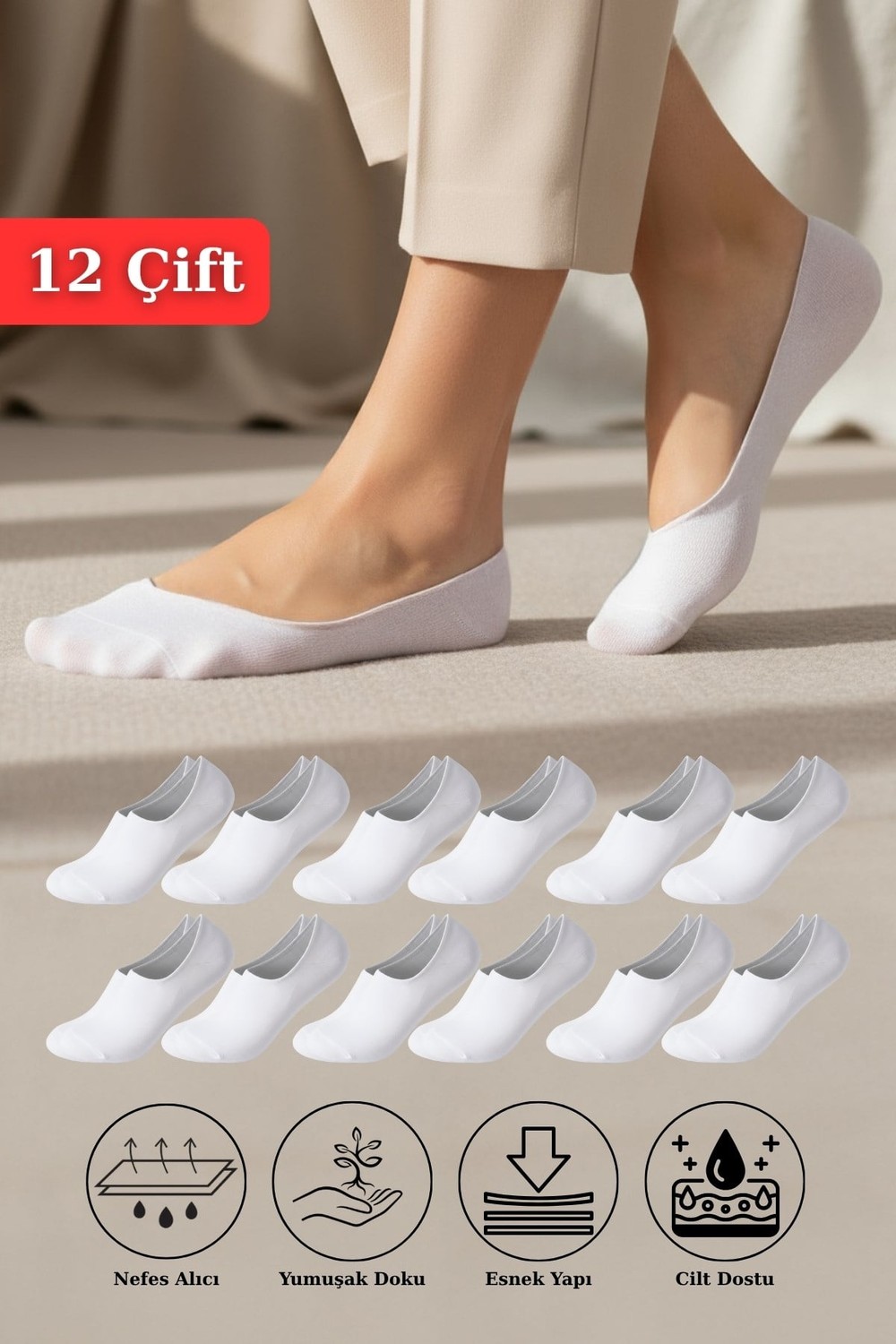 Kadın Çorap-12 Çift Kadın Beyaz Esnek Pamuklu Örme Babet Çorap 1020-rulem