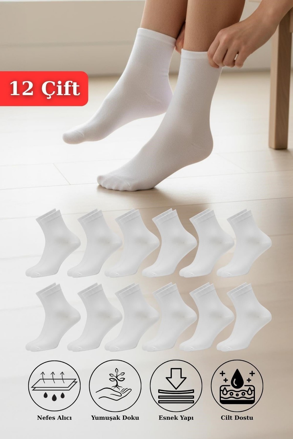 Kadın Çorap-12 Çift Kadın Beyaz Esnek Pamuklu Örme Soket Çorap 1021-rulem