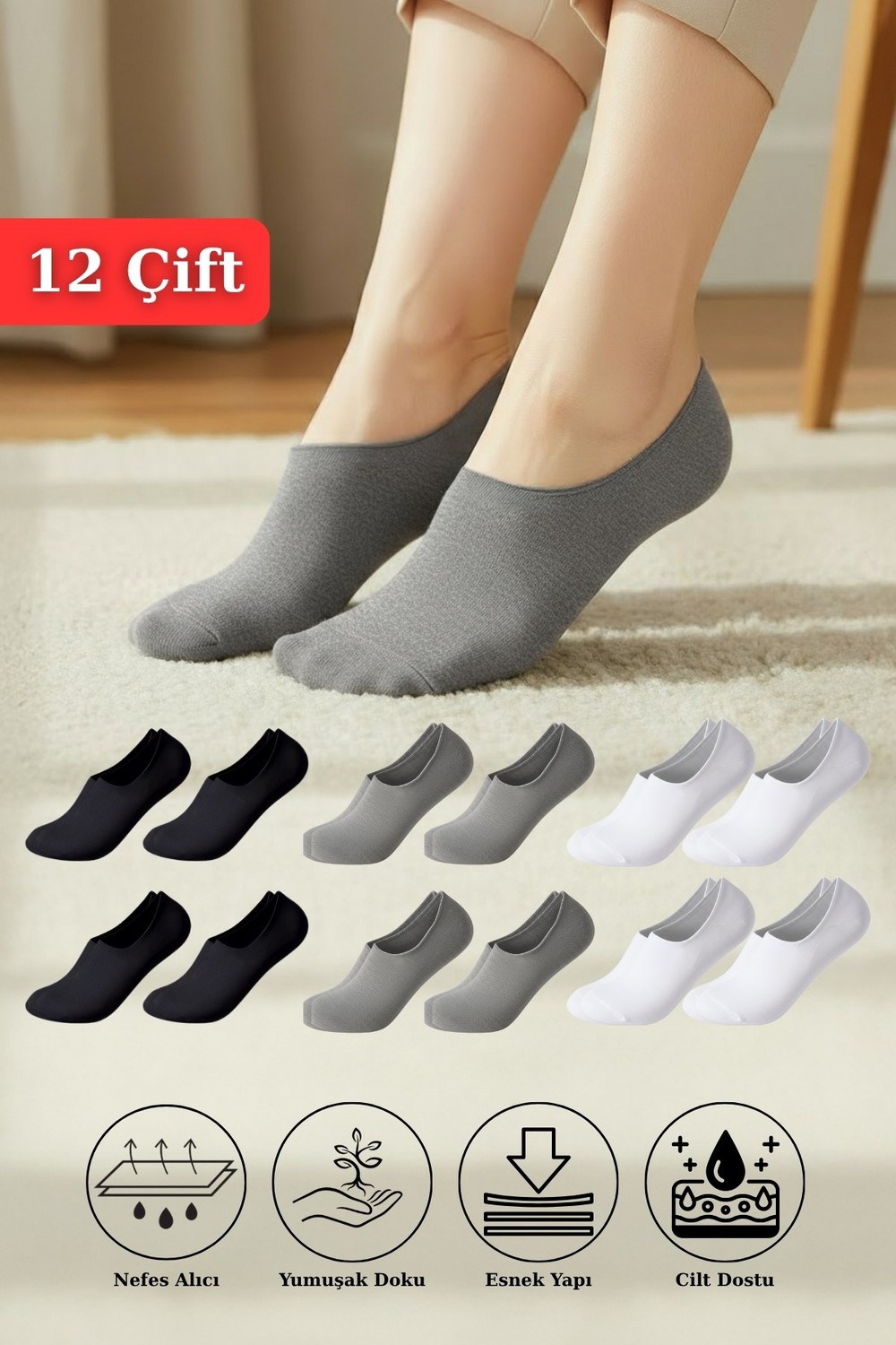 Kadın Çorap-12 Çift Kadın Renkli Esnek Pamuklu Örme Babet Çorap 1020-rulem