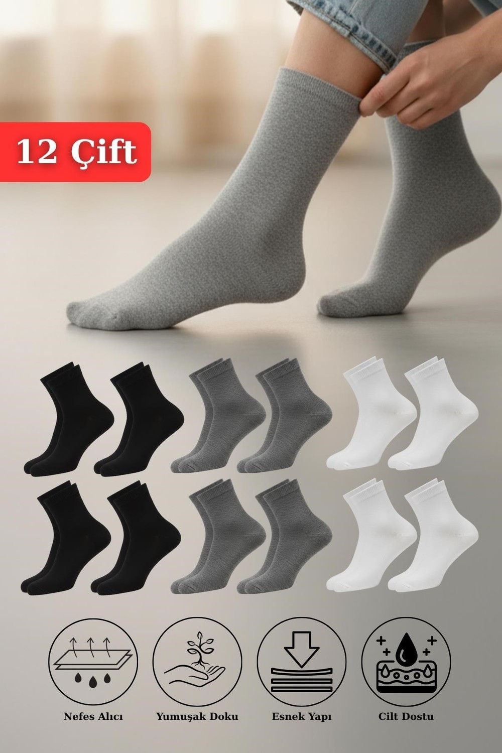 Kadın Çorap-12 Çift Kadın Renkli Esnek Pamuklu Örme Soket Çorap 1021-rulem