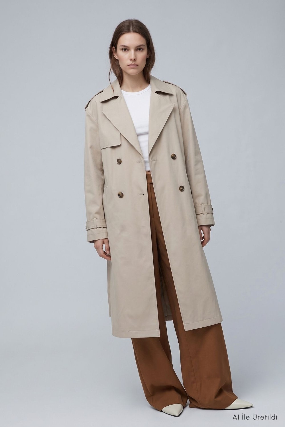 Kadın Dış Giyim-Kadın Trençkot-Çift Düğmeli Oversize Trençkot 277 Taş-rulem