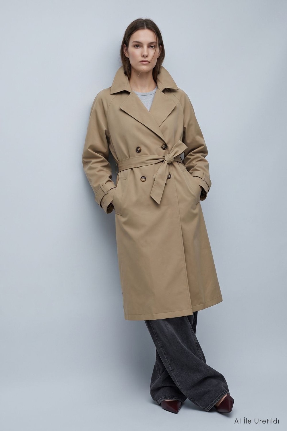 Kadın Dış Giyim-Kadın Trençkot-Çift Düğmeli Oversize Trençkot 277 Bej-rulem