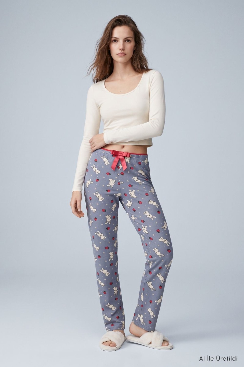 Kadın Ev Giyim-Kadın Pijama Alt-Çilekli Tavşan Desen Pijama 4553 Gri-rulem