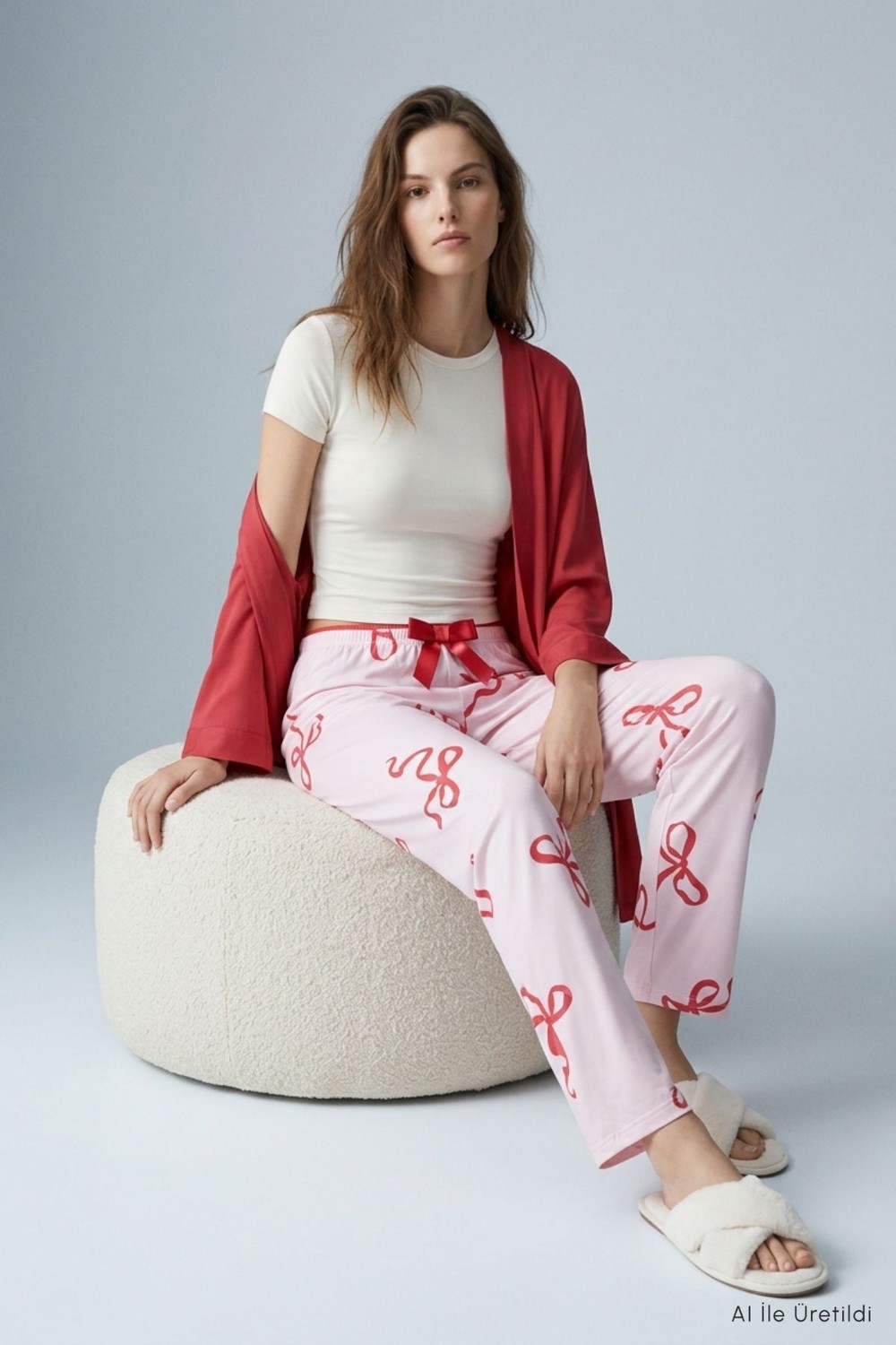 Kadın Ev Giyim-Kadın Pijama Alt-Kurdele Desen Pijama 4555 Pembe-rulem