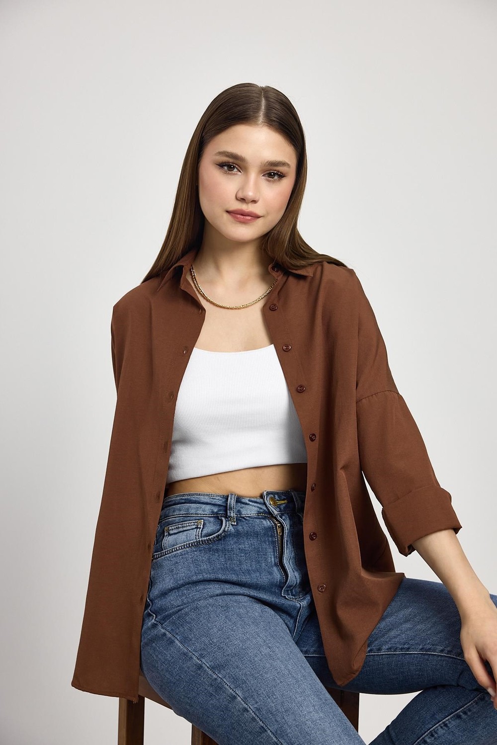 Kadın Gömlek-Acı Kahve Relaxed Fit Rahat Kesim Basic Gömlek - 6621A-rulem