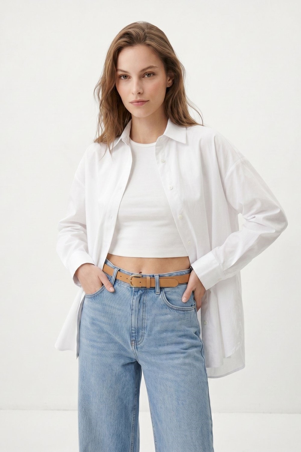 Kadın Gömlek-Beyaz Relaxed Fit Rahat Kesim Basic Gömlek - 6621A-rulem