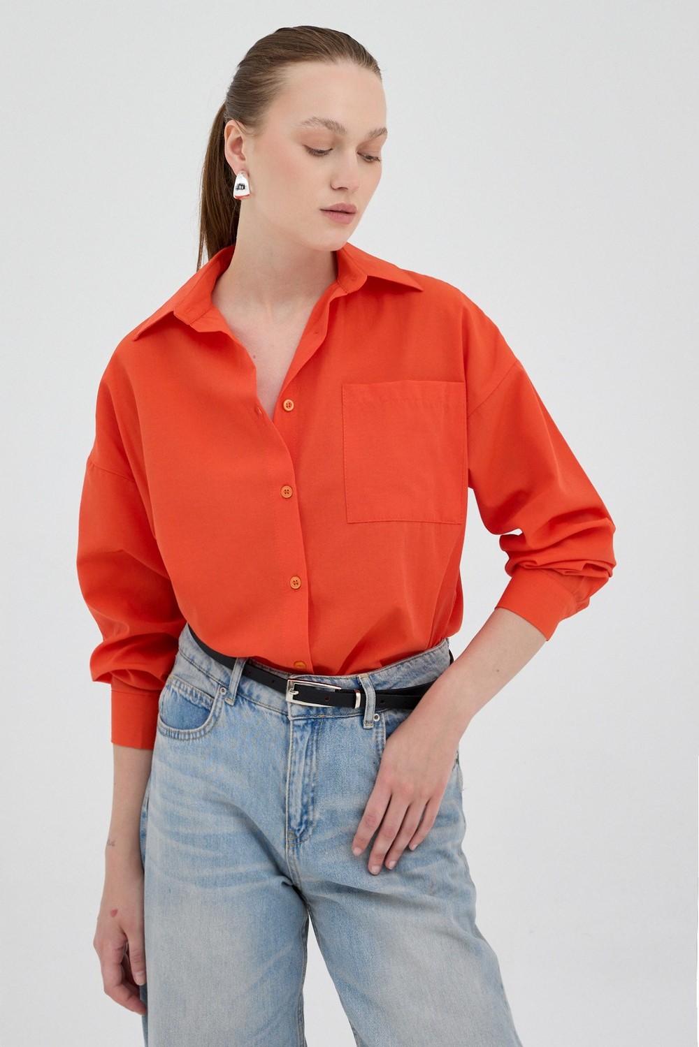 Kadın Gömlek-Orange Tek Cepli Oversize Gömlek 8158A-rulem