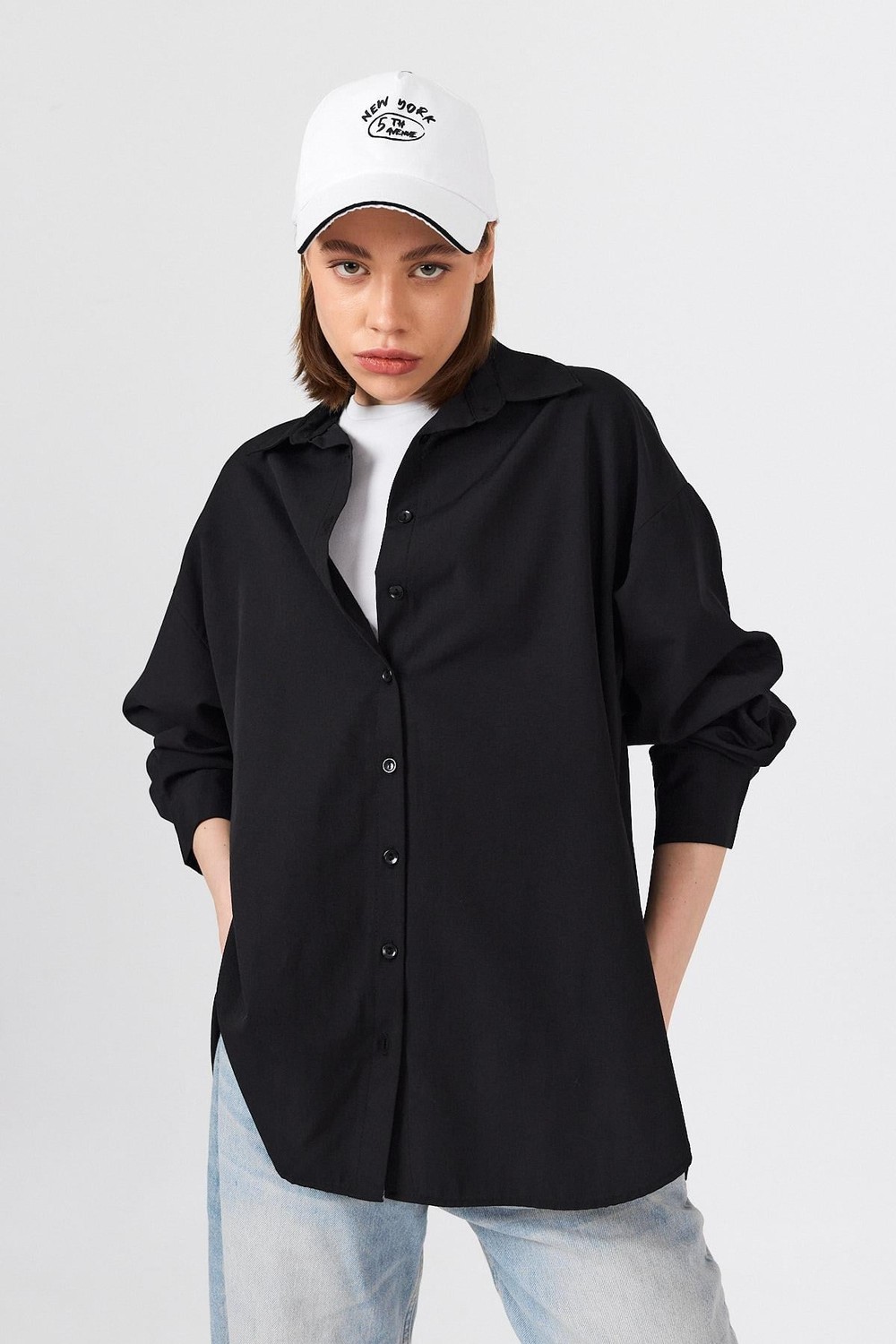 Kadın Gömlek-Siyah Oversize Basic Uzun Gömlek 4664A-rulem