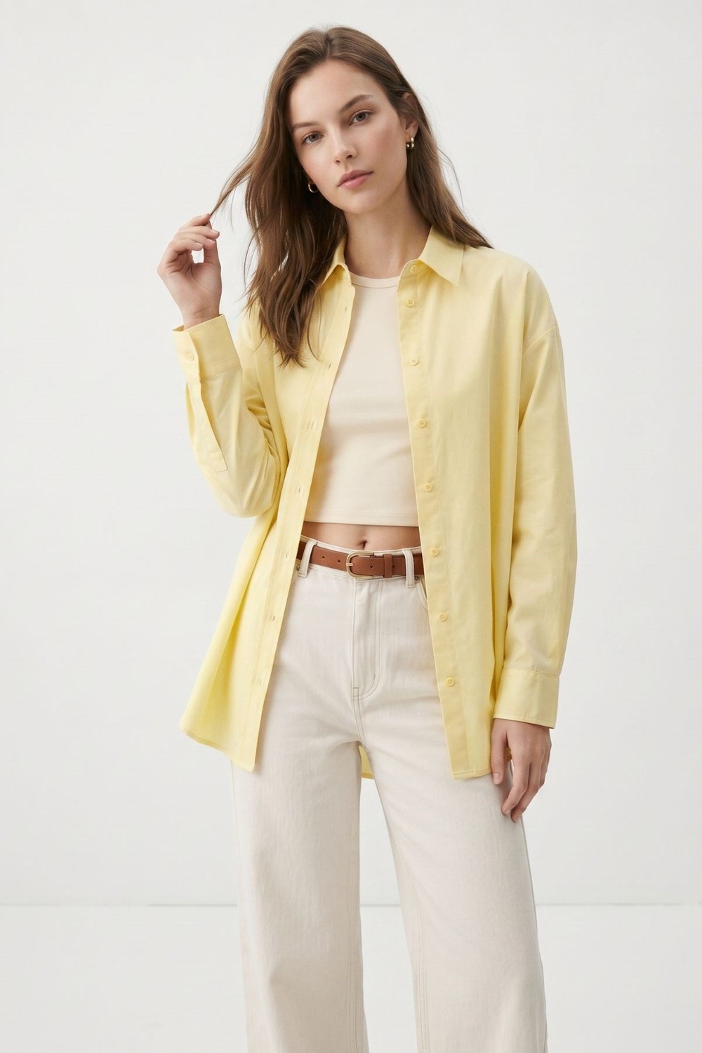 Kadın Gömlek-Tereyağ Sarısı Relaxed Fit Rahat Kesim Basic Gömlek 6621A-rulem