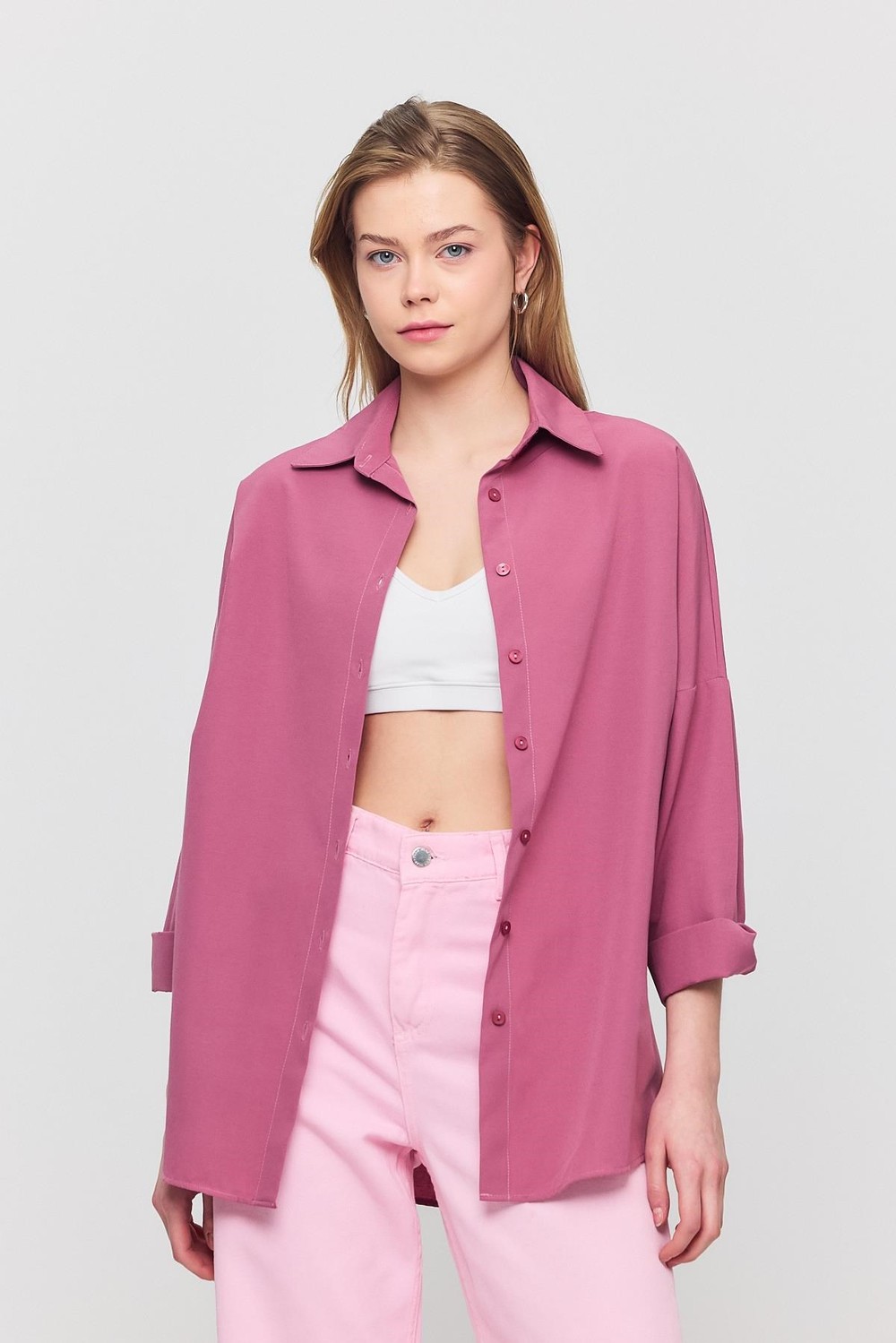 Kadın Gömlek-Violet Relaxed Fit Rahat Kesim Basic Gömlek - 6621A-rulem