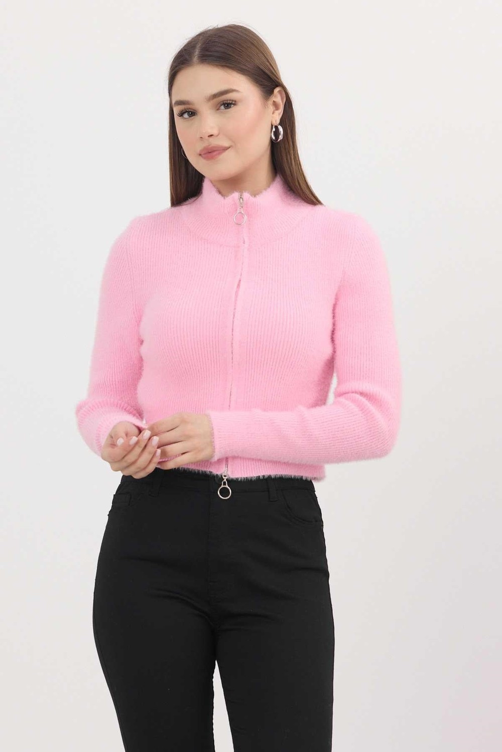 Kadın Hırka-Fermuarlı Kısa Yumoş Hırka 6806 Pembe -rulem