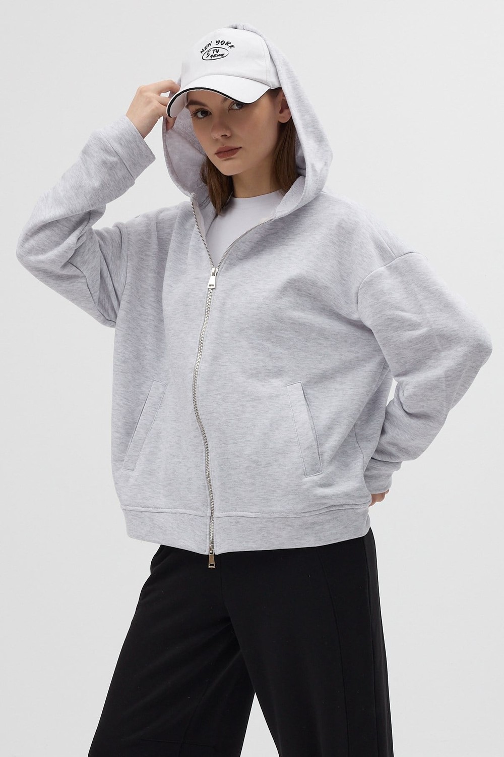 Kadın Hırka-Gri Kapüşonlu Fermuarlı Oversize Kadın Hırka 3116A-rulem