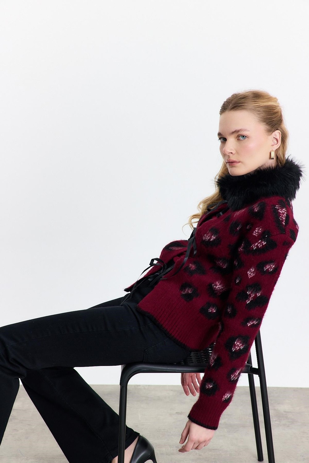 Kadın Hırka-Kürklü Leopar Hırka 22289 Bordo -rulem