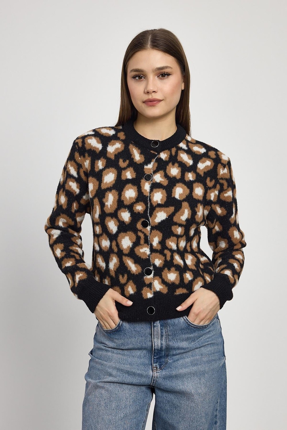 Kadın Hırka-Leopar Detay Triko Hırka 24367 Siyah -rulem