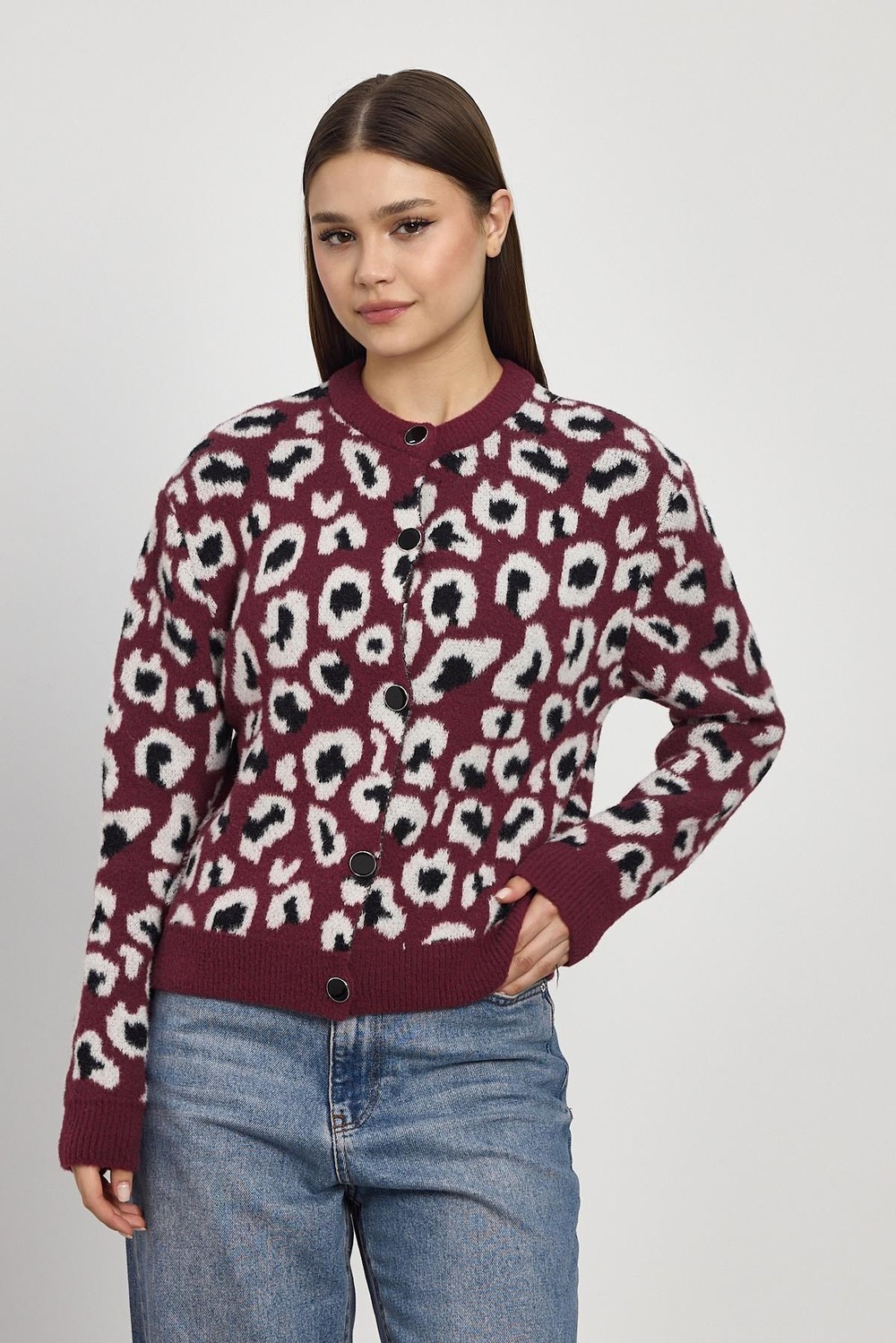 Kadın Hırka-Leopar Detay Triko Hırka 24367 Bordo -rulem