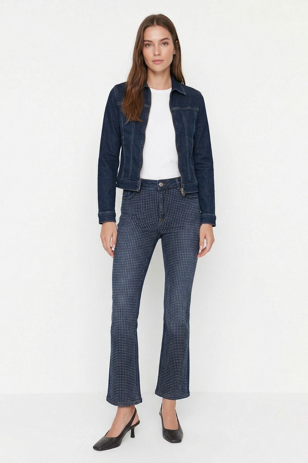 Kadın Jean Pantolon-Paça Kesik Taşlı Jean 3047-11 Tint Kahve -rulem