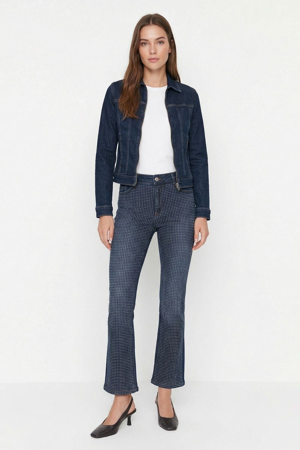 Kadın Jean Pantolon-Paça Kesik Taşlı Jean 3047-11 Tint Kahve -rulem
