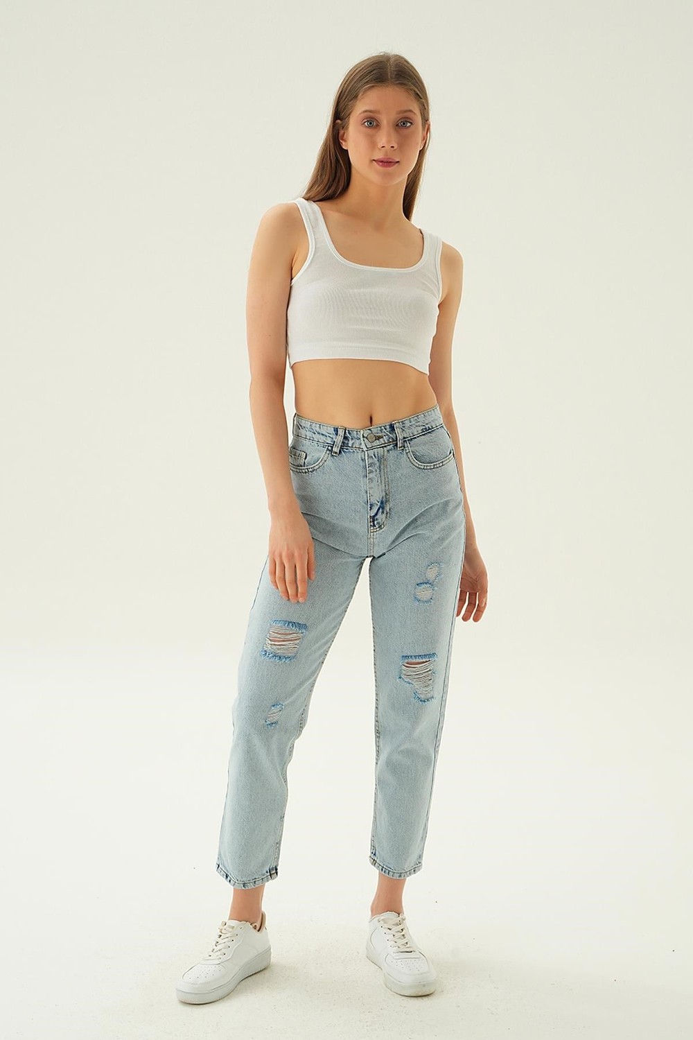 Kadın Jean Pantolon-Yırtık Detaylı Mom Jean 11123 Buz -rulem