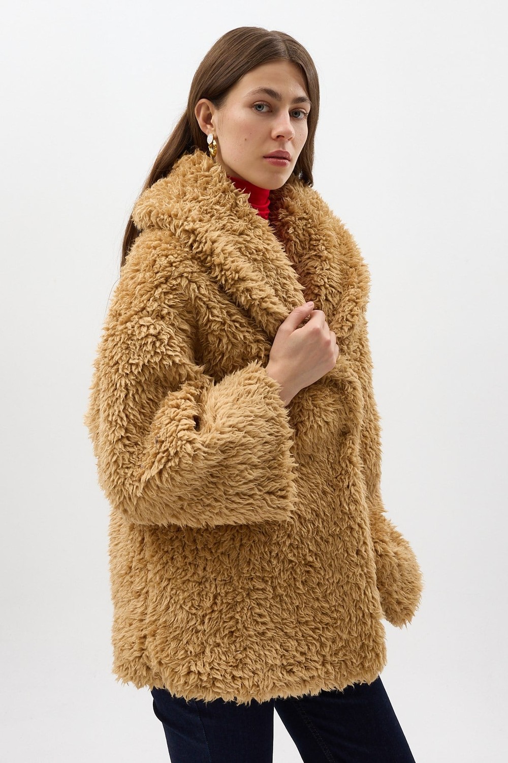 Kadın Kaban-Camel Çıt Çıtlı Peluş Kadın Kaban 8471-rulem