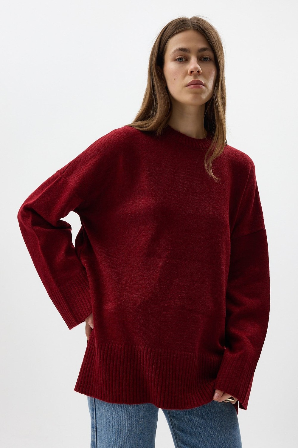 Kadın Kazak-Bordo Bisiklet Yaka Oversize Kadın Kazak 2450-rulem