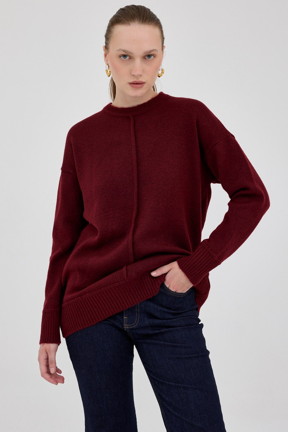 Kadın Kazak-Bordo Oversize Bisiklet Yaka Kadın Kazak 2345-rulem