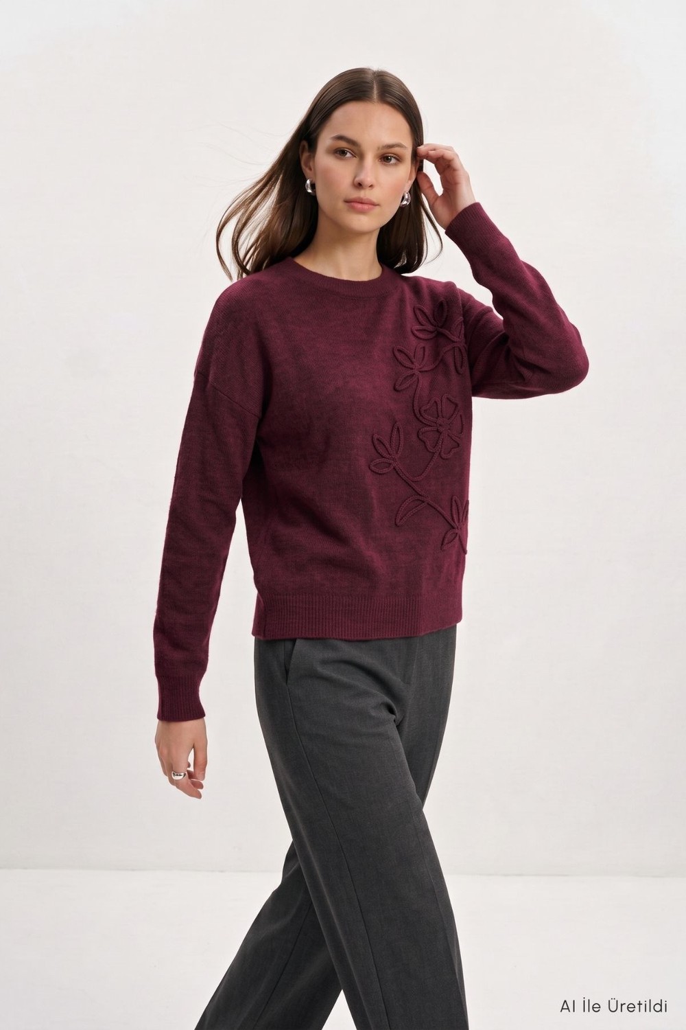 Kadın Kazak-Çiçek Nakış Kazak 70056 Bordo -rulem