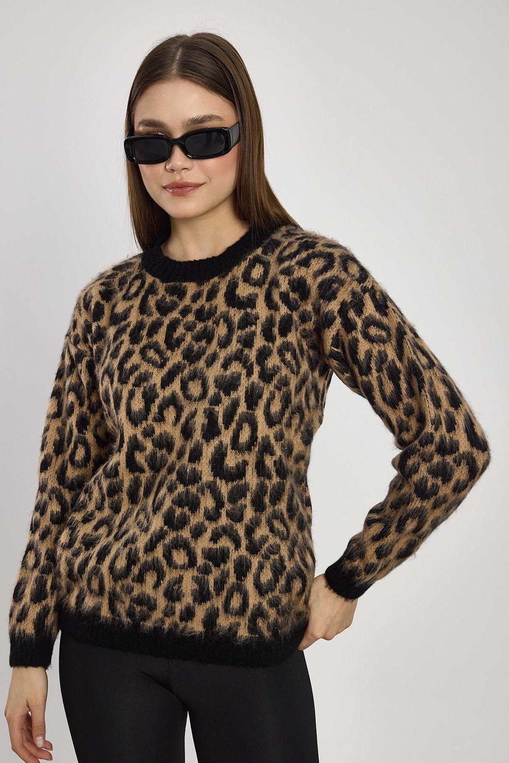 Kadın Kazak-Leopar Desen Kazak 6702 Bej -rulem