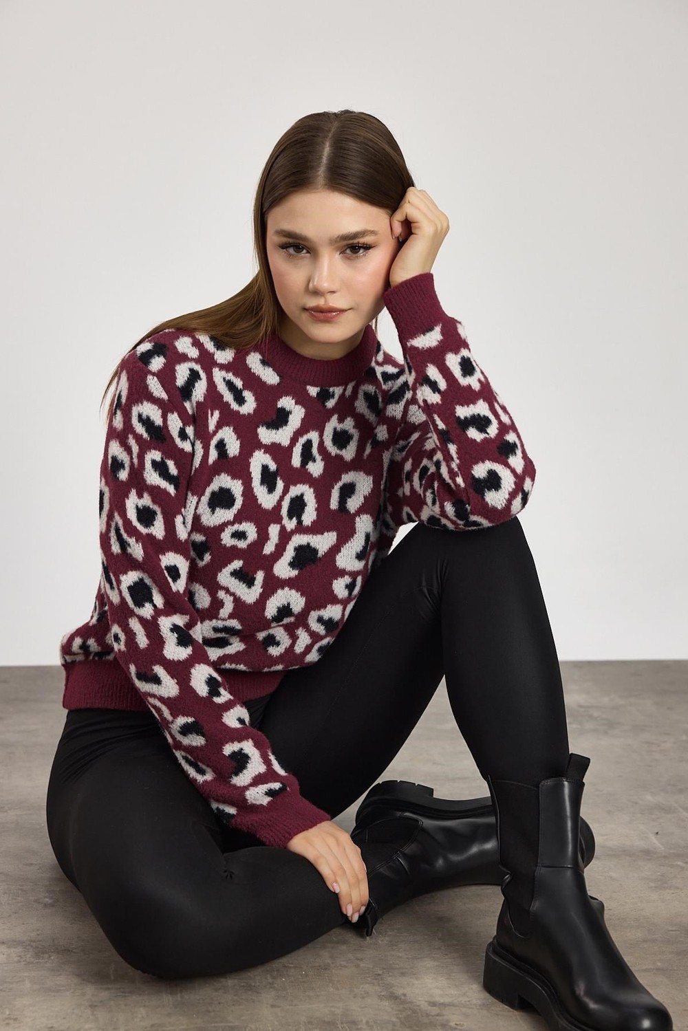 Kadın Kazak-Leopar Detay Triko Kazak 24342 Bordo -rulem