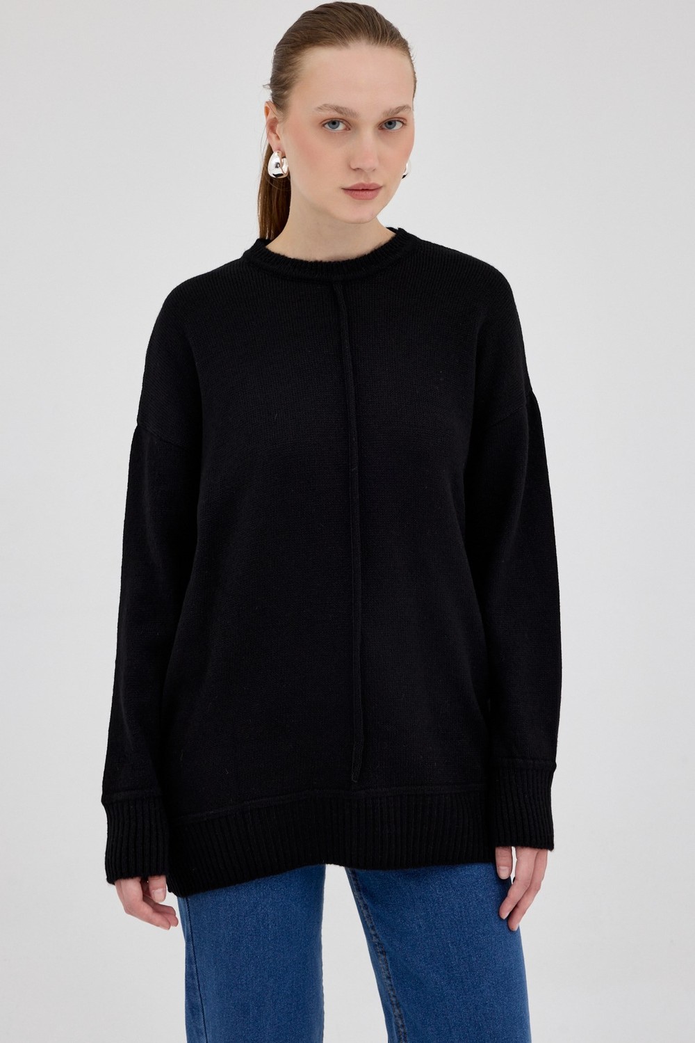 Kadın Kazak-Siyah Oversize Bisiklet Yaka Kadın Kazak 2345-rulem