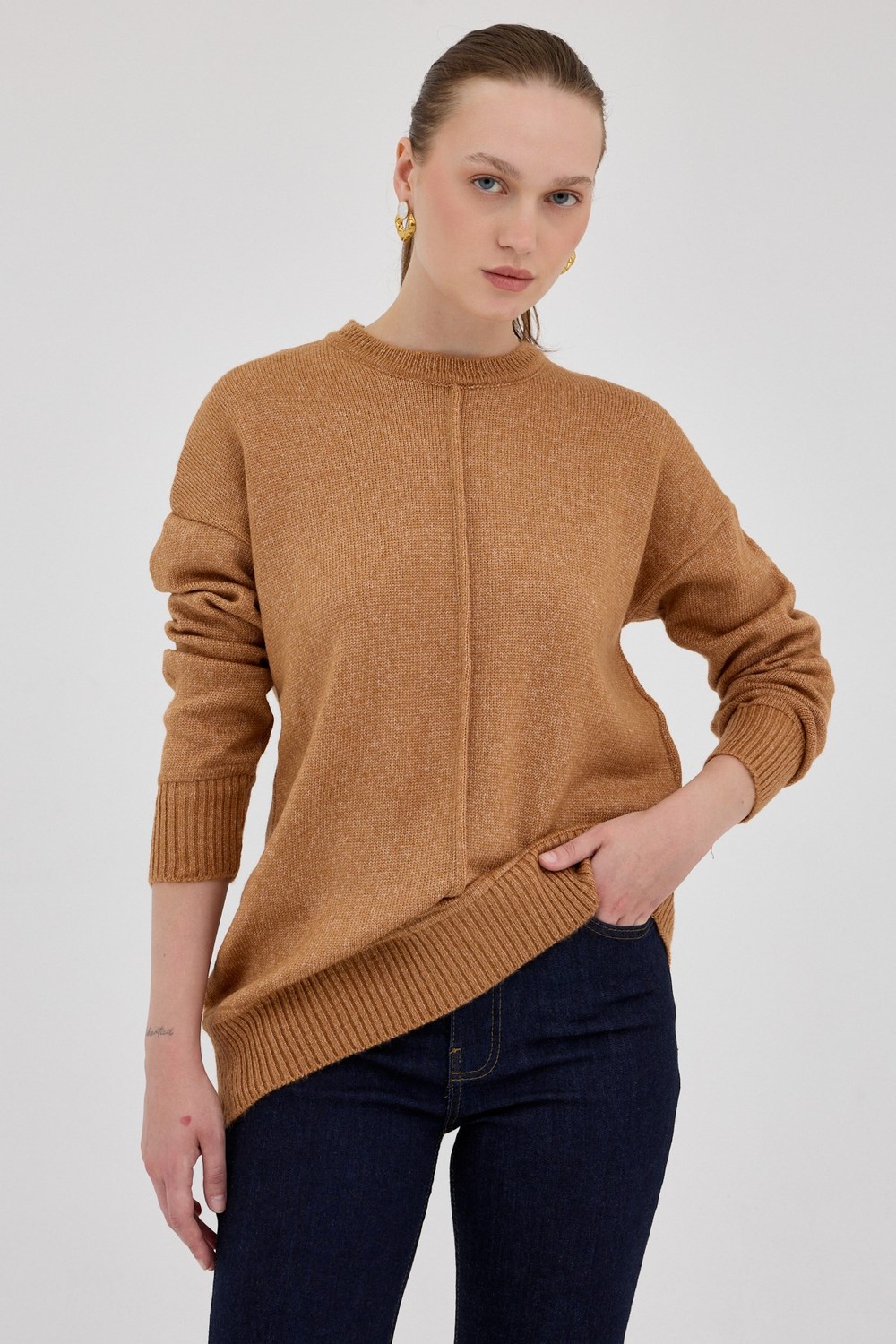Kadın Kazak-Taba Oversize Bisiklet Yaka Kadın Kazak 2345-rulem