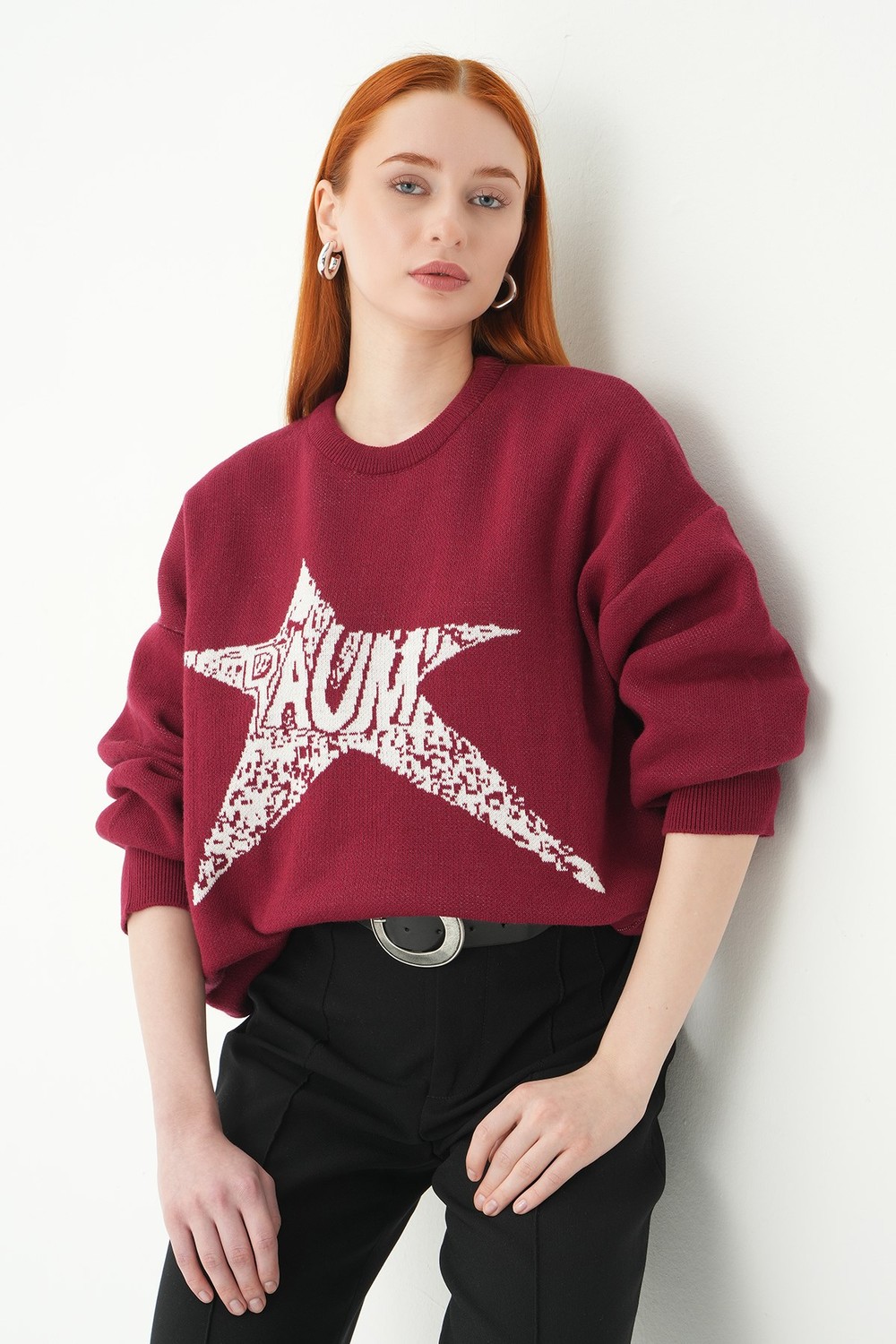 Kadın Kazak-Yıldız Baskılı Oversize Kazak 2474 Bordo-Ekru -rulem
