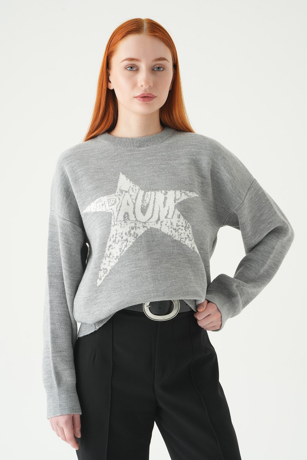 Kadın Kazak-Yıldız Baskılı Oversize Kazak 2474 Gri - Ekru -rulem