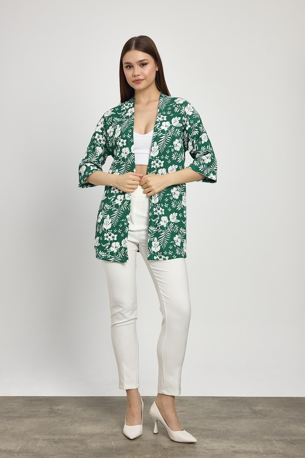 Kadın Kimono-Çiçek Desen Fakir Kol Kimono 4463A Zümrüt -rulem