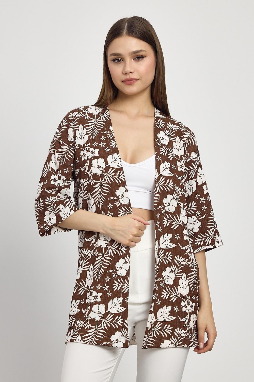 Kadın Kimono-Çiçek Desen Fakir Kol Kimono 4463A Kahve -rulem