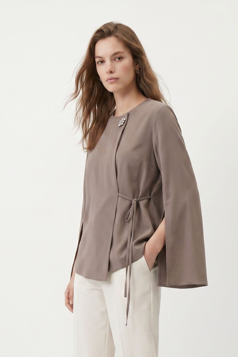 Kadın Kimono-Geniş Kollu Yandan Bağlamalı Broşlu Kimono 6085 Vizon -rulem