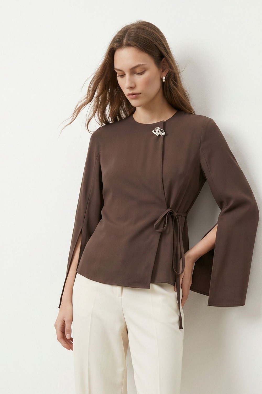Kadın Kimono-Geniş Kollu Yandan Bağlamalı Broşlu Kimono 6085 Kahve -rulem