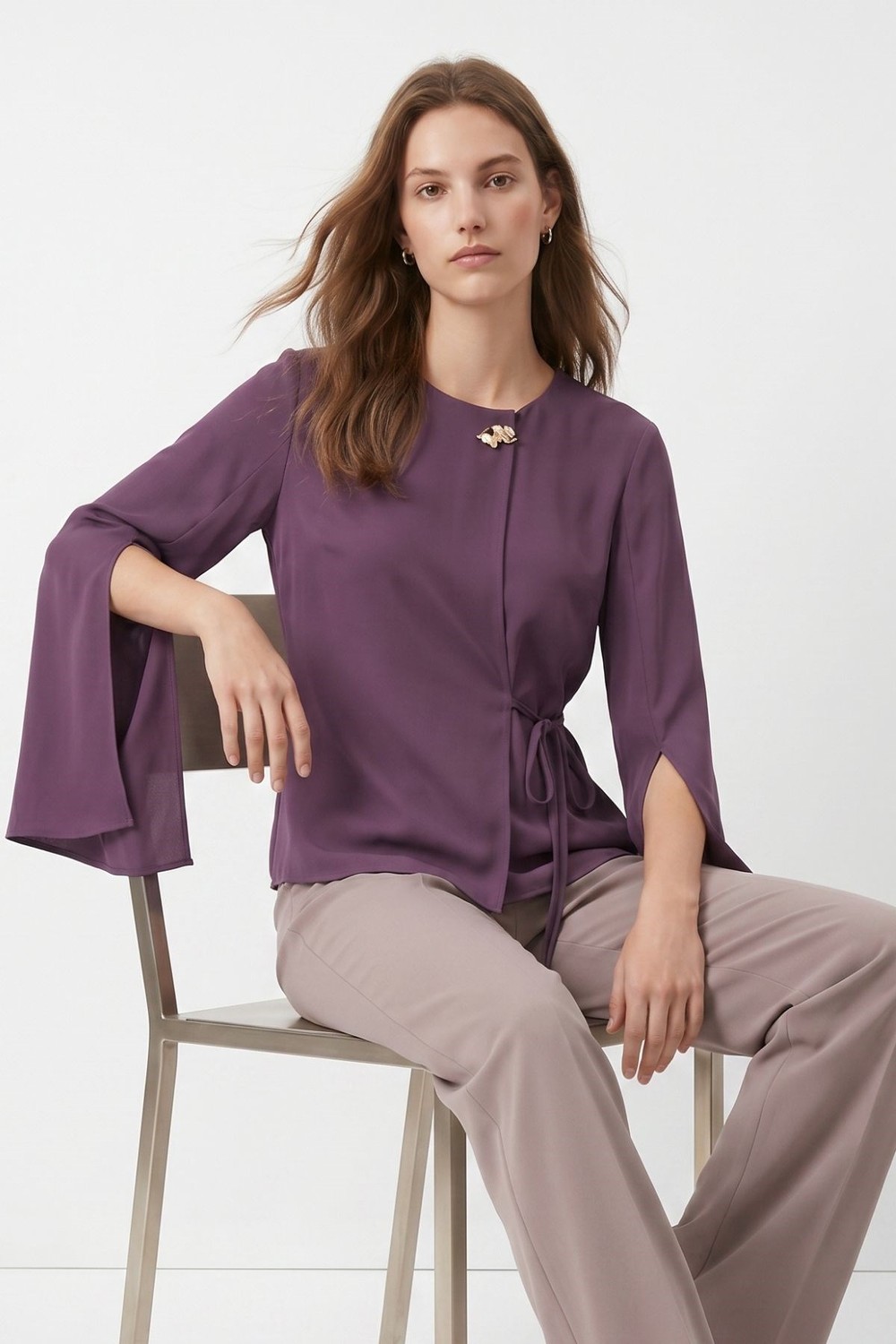Kadın Kimono-Geniş Kollu Yandan Bağlamalı Broşlu Kimono 6085 Bordo -rulem