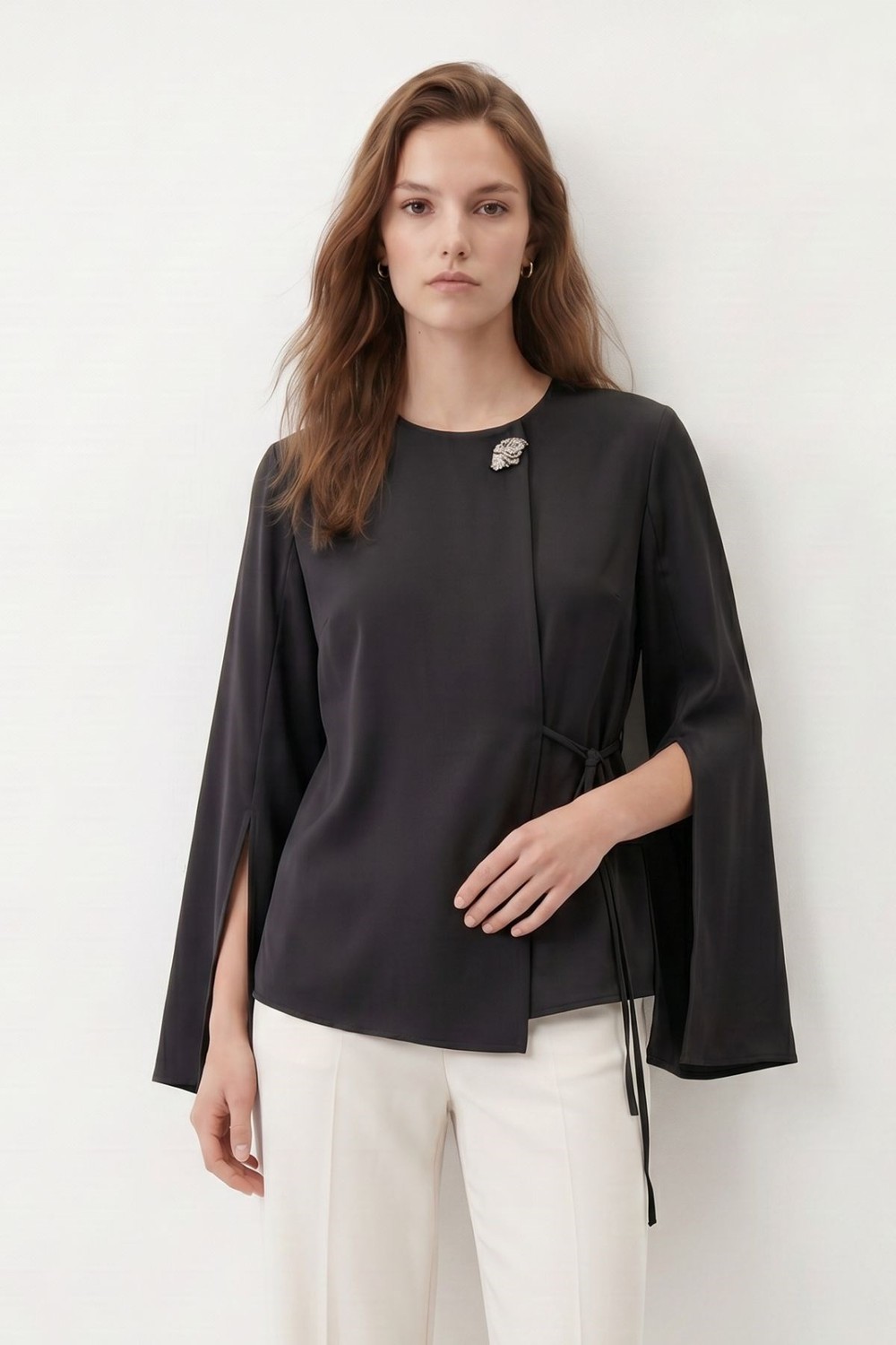 Kadın Kimono-Geniş Kollu Yandan Bağlamalı Broşlu Kimono 6085 Siyah -rulem