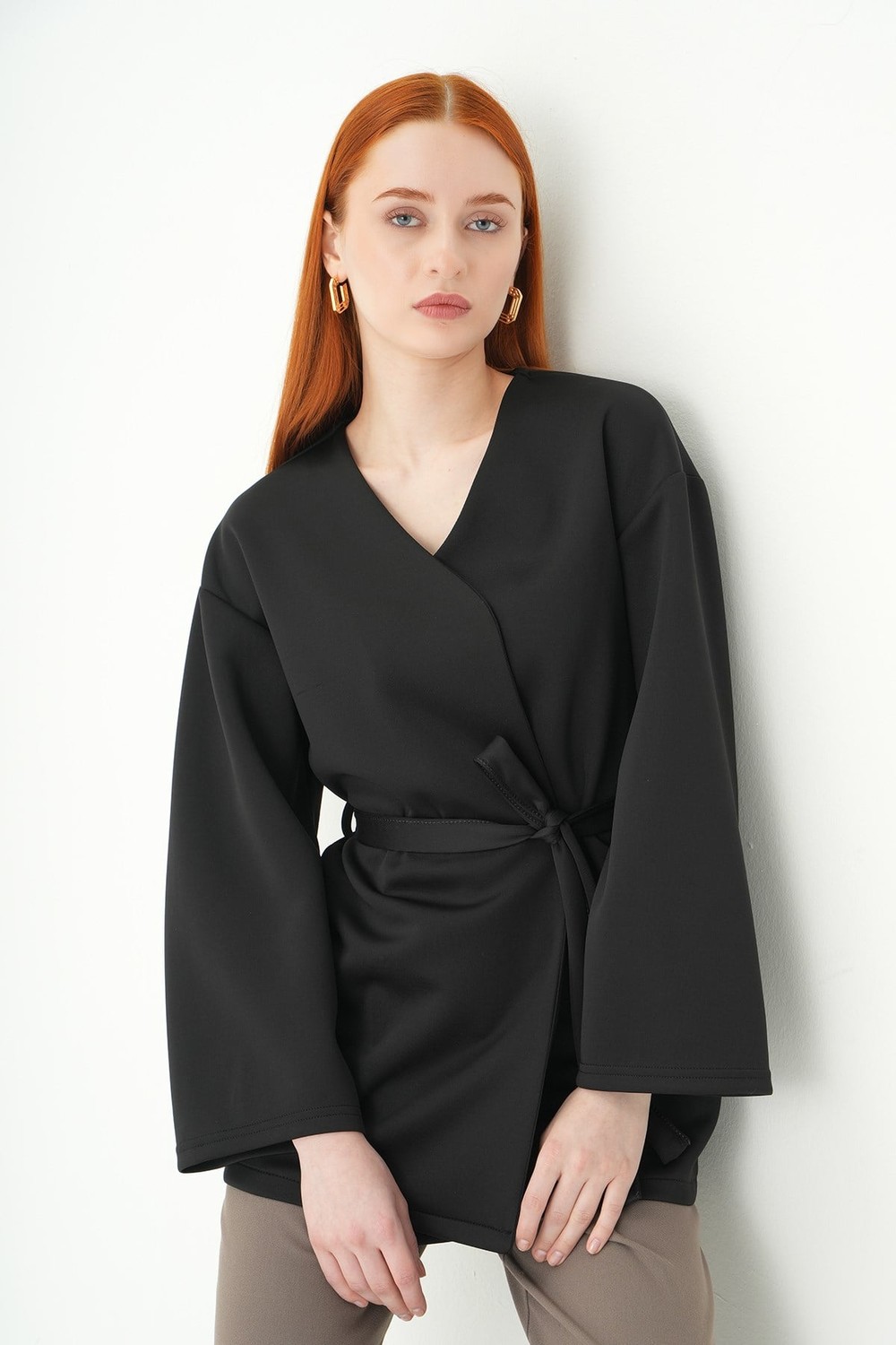 Kadın Kimono-Kuşaklı Geniş Kol Kimono 3068A Siyah -rulem