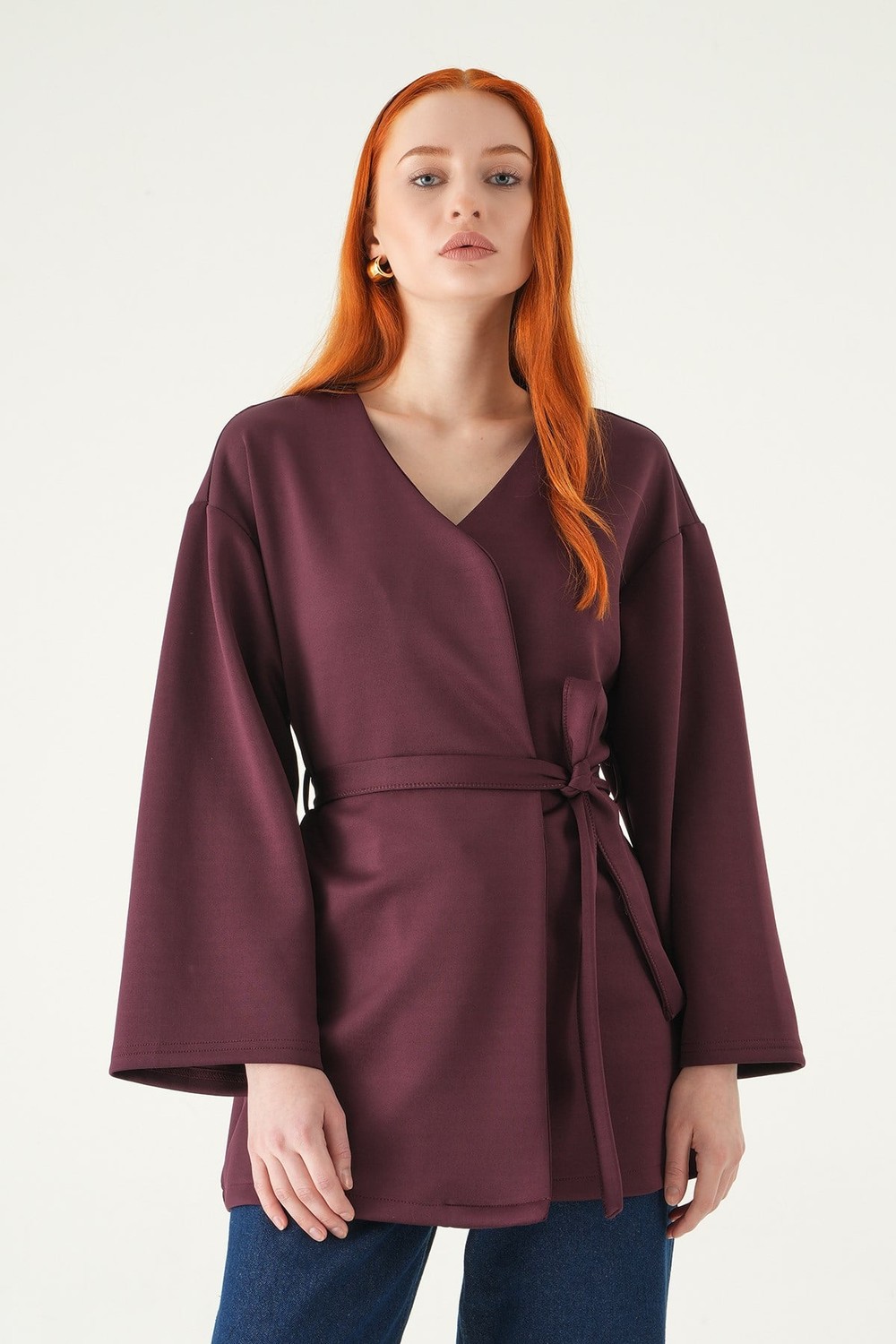 Kadın Kimono-Kuşaklı Geniş Kol Kimono 3068A Mürdüm -rulem
