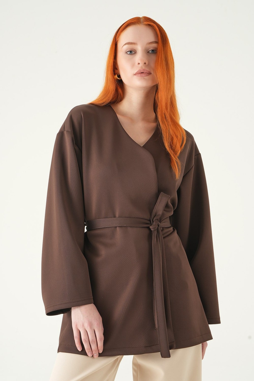 Kadın Kimono-Kuşaklı Geniş Kol Kimono 3068A Kahve -rulem