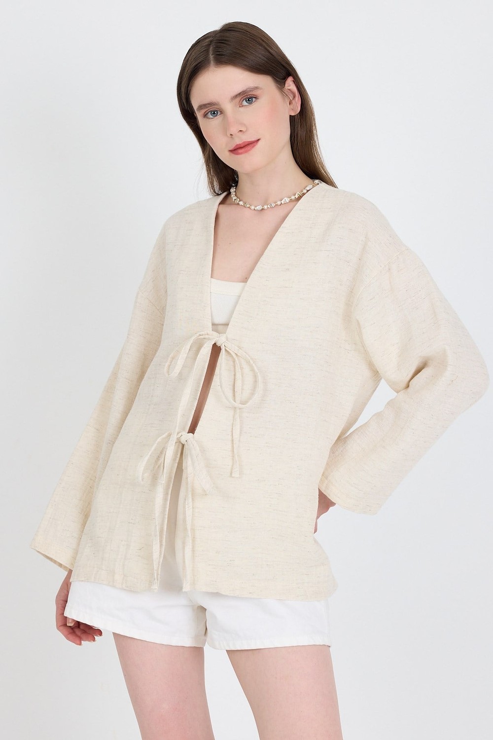Kadın Kimono-Natural Keten Görünümlü %100 Pamuk Bağlamalı Kimono 4818A-rulem