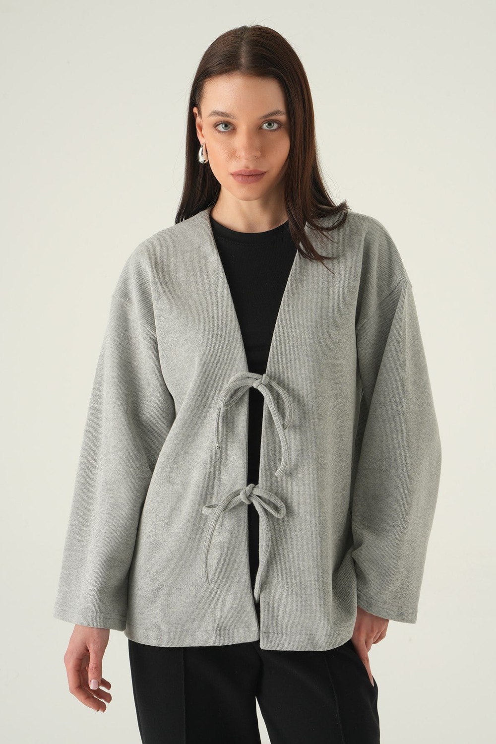 Kadın Kimono-Ön Bağlamalı Uzun Kimono 3072A Gri -rulem