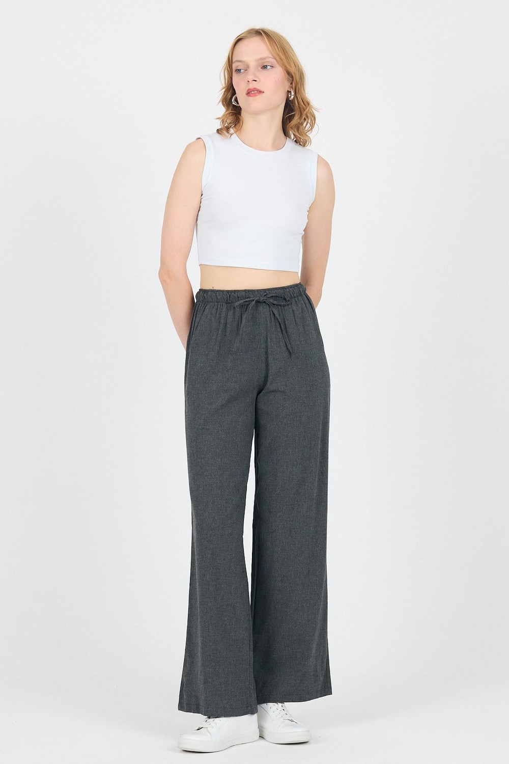 Kadın Pantolon-Antrasit Pamuklu Bel Lastikli Wide Leg/Bol Paça Pantolon 4754A-rulem