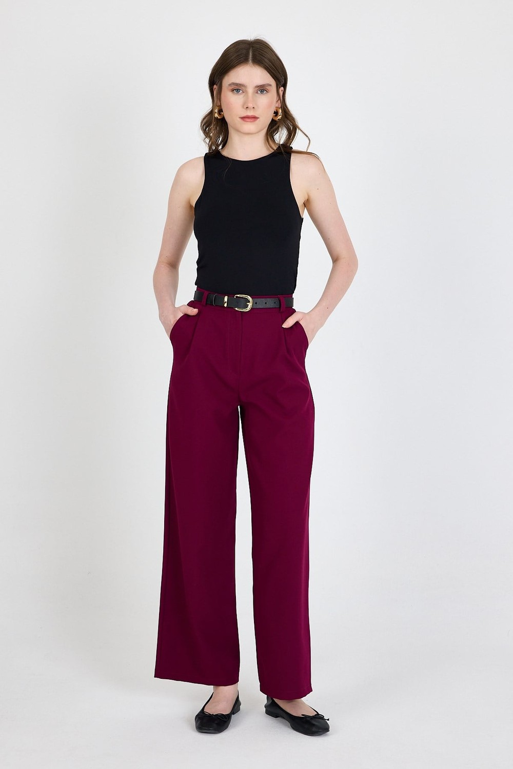 Kadın Pantolon-Bordo Pile Detaylı Palazzo Pantolon 4003A-rulem